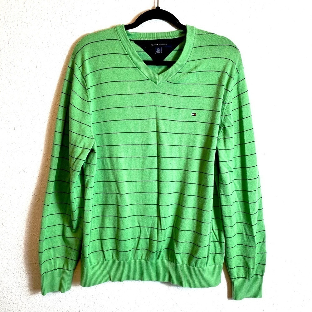Tommy Hilfiger L green navy stripe vneck sweater